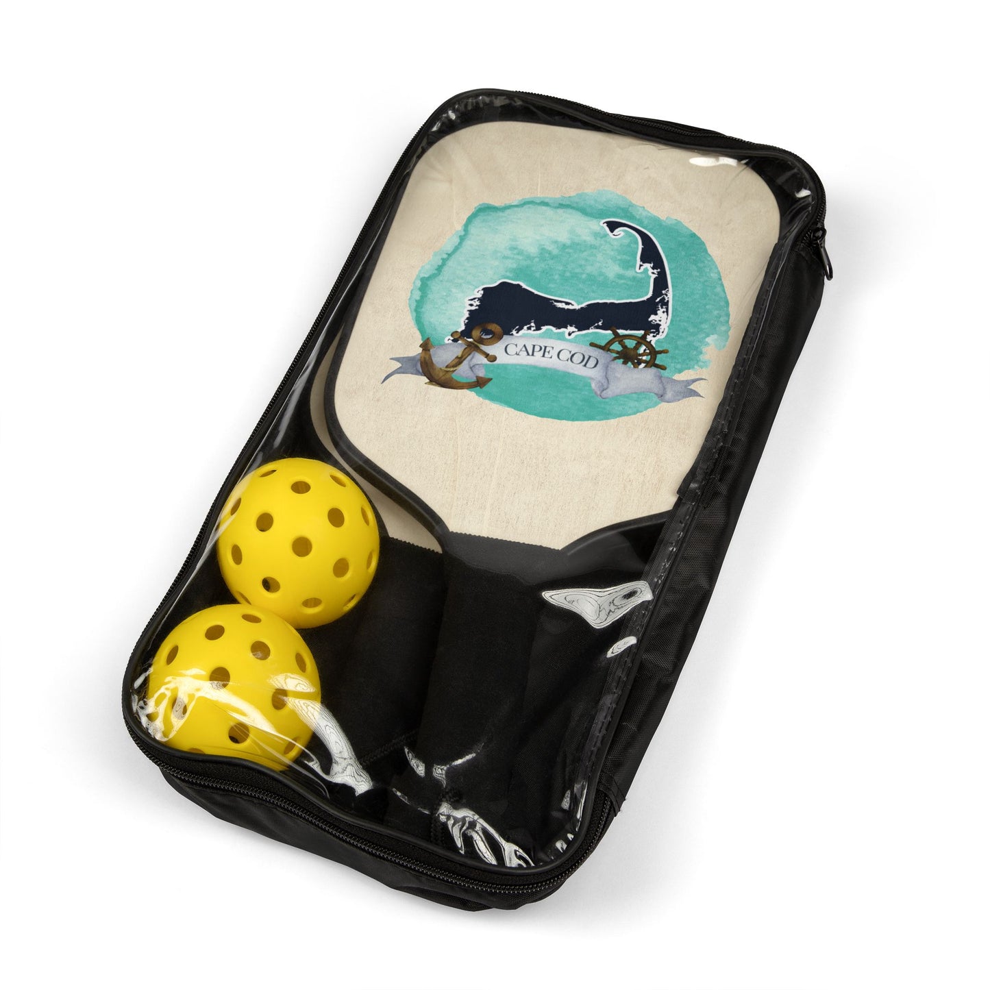 Cape Cod Nautical Map Pickleball Kit | Custom Design Paddles | Includes 2 Paddles and 2 Balls | Easy Carry Bag